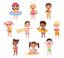 Kids beach. Funny little children with summer accessories, smiling girls and boys in swimsuits with elements of pool games and sea holidays. Vector cartoon isolated on white set