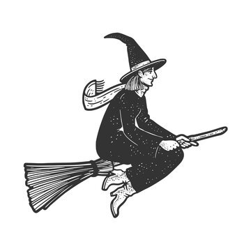 witch flying on a broom sketch engraving vector illustration. T-shirt apparel print design. Scratch board imitation. Black and white hand drawn image.