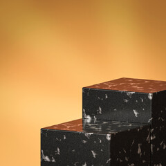 Elegant marble showcase product background stand or podium pedestal on golden display with luxury backdrops. 3D rendering.