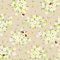 Summer seamless vector pattern of meadow flowers and insects in harmonious warm shades. Cute flowers and insects. The pattern is great for fabric, gift wrapping paper, decorative printing, background.