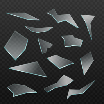 Set of transparent broken sharp glass shards a vector 3d realistic illustration.
