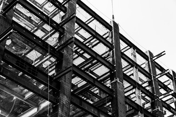 Black and white photo, Structure of steel for building construction.