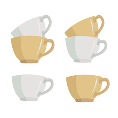 set of tea and coffee cups in white and beige color isolated on a white background. Tea set, tea pair