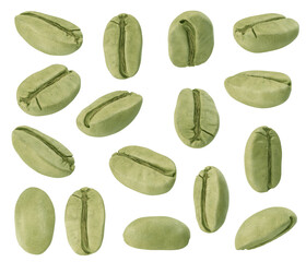 Set of green coffee beans from different sides