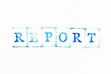 Blue color ink rubber stamp in word report on white paper background