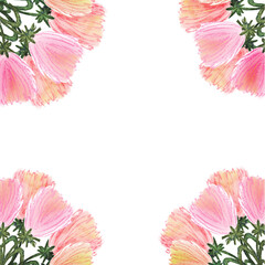Fototapeta na wymiar Frame of large pink flowers, hand-drawn, pink and green colors with different shades of outlines. Isolated on a white background, free space. Stock illustration.