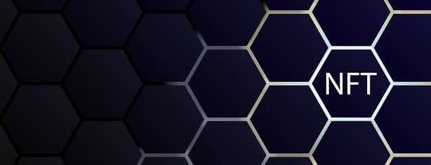 NFT non-fungible token concept on polygonal abstract background. Vector dark banner with hexagon shapes with lights on backdrop and white non fungible token sign. Modern card crypto art illustration