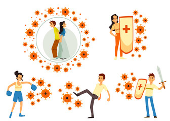 Set of people rejecting attack of viruses cartoon vector illustration isolated.