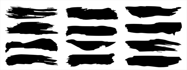 Vector collection of artistic grungy black paint hand made creative brush stroke set isolated on banner background. A group of abstract grunge sketches for design education or graphic art decoration