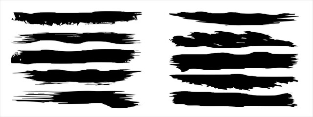 Vector collection of artistic grungy black paint hand made creative brush stroke set isolated on banner background. A group of abstract grunge sketches for design education or graphic art decoration