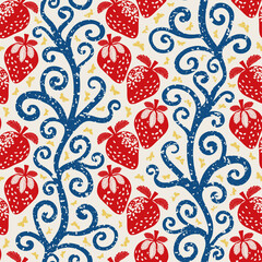 Strawberry linocut Indian Florals style seamless vector pattern background. Winding stems with berries and butterflies. Red blue yellow white design with aged effect. Repeat for vintage concept.