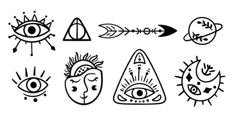 Boho line mystical and magical signs set