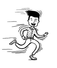 Vector male character in flat style - fast running man illustration in simple trendy style. Running guy in trainers on blue background. Hand drawn.