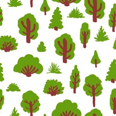 Seamless pattern with green deciduous tree, fir tree, bushes. Brown trunk and branches. White background. Graphic elements. Cartoon style. Spring and summer. Nature and ecology. Park, forest, garden