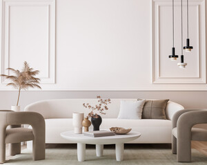 White modern living room, minimal home design mockup on empty bright background, 3d render - obrazy, fototapety, plakaty