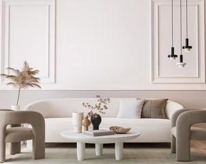 Fotobehang White modern living room, minimal home design mockup on empty bright background, 3d render © lilasgh