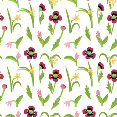 Vector seamless pattern. Forest and meadow grasses and flowers. Floral rustic background. Nature illustration for wrapping paper, textiles, decorations.