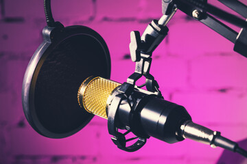 professional recording studio microphone on neon pink background