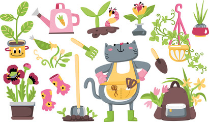 Vector set with gardener cat, garden tools, and plants.
