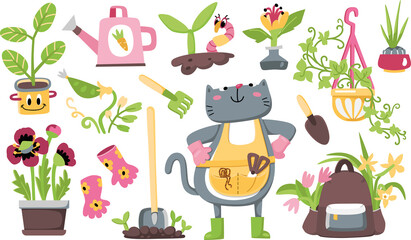 Naklejka premium Vector set with gardener cat, garden tools, and plants.