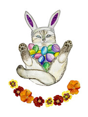 Funny Easter bunny cat with eggs