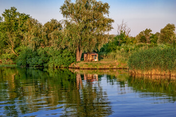 Fototapeta premium A hut under a tree on the coast of the Konka River in Kherson (Ukraine). Natural landscape of a reservoir with a wooded swamp shore with reeds and a fishing shack