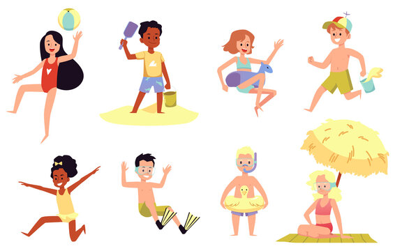 Happy toddlers boys and girls have fun on summer sea beach a vector illustration