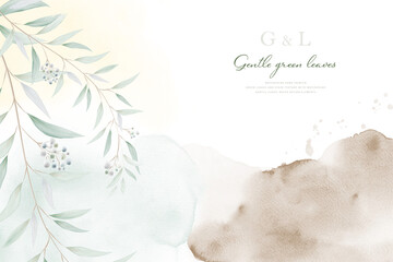 Beautiful background with gentle green leaves and stains watercolor