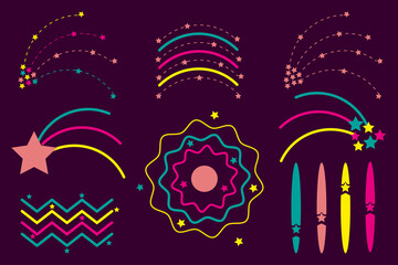 Set of pattern of celestial and optical phenomena, comet, meteor, northern lights, aureole, rainbow on dark background. Vector illustration for design, decoration of banners, books, postcards.