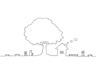 木の下の家の風景　線画イラスト