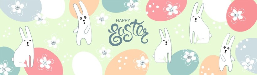 Horizontal Easter banner with cute rabbits, eggs and flowers. Doodle, spring background, texture, wallpaper, packaging, paper.
