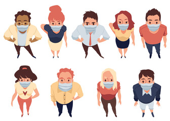 Top view of people in protective masks looking up, vector illustration isolated.