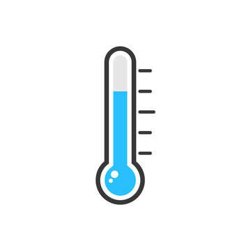 Thermometer icon. Measurement instrument. Weather thermometer with blue mercury. Medical device. Vector illustration isolated on white.
