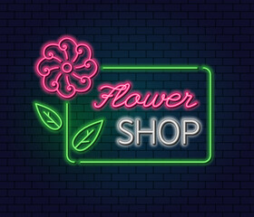 A Bright Neon Sign for a Flower Shop. Neon Plant Logo, flora emblem. Florist. Flower delivery, gardening. Vector.