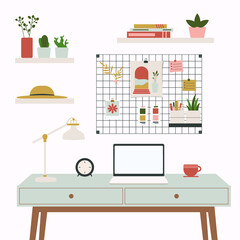 Modern Aesthetic Workspace Interior With Iron Mesh Mood Board Illustration
