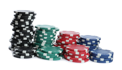 Plastic casino chips stacked on white background. Poker game
