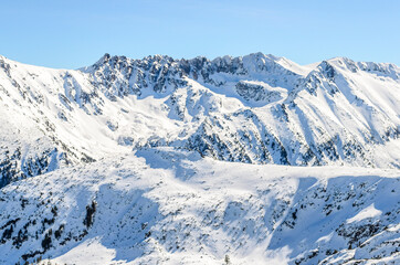 Winter landscape, Snowy Mountain Range, Mountain Tops, Bansko, Bulgaria, Europe, Natural Winter Scenery.