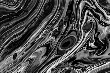 Fluid art texture. Abstract backdrop with iridescent paint effect. Liquid acrylic picture with chaotic mixed paints. Can be used for posters or wallpapers. Black and white overflowing colors.