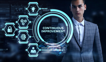 The concept of business, technology, the Internet and the network. A young entrepreneur working on a virtual screen of the future and sees the inscription: Continuous improvement