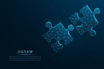 connecting a jigsaw puzzle with glowing blue. Low polygon or low poly design and triangle style design.Wireframe light connection structure, Business solutions, success, and strategy concept - obrazy, fototapety, plakaty