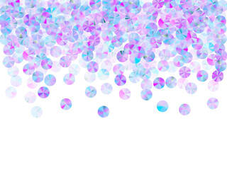 Purple foil confetti scatter vector composition. Metallic shiny tinsel elements holiday glitter top view. New Year confetti placer glossy background.