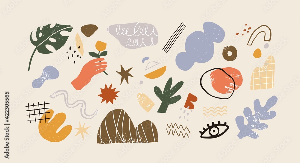 Aufkleber Collection of various modern abstract geometric shapes. Bundle of trendy graphic design elements in doodle art style. Colorful flat textured vector illustration of contemporary geometry