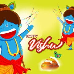 Fototapeta premium Vector illustration of Happy Vishu concept banner. kerala New Year, Indian hindu festival poster with vishu flowers and pots.