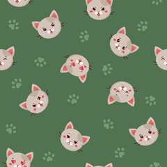 Seamless pattern of emoji gray cats on green backgound. Emotion face of calm, scepsis, love, sleep,cry, confusion, angry. Stock illustration in kawaii flat style for web and print.