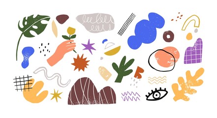 Bundle of different abstract geometric shapes. Set of trendy bright decorative elements of doodle arts. Colorful flat textured vector illustration of modern geometry isolated on white background