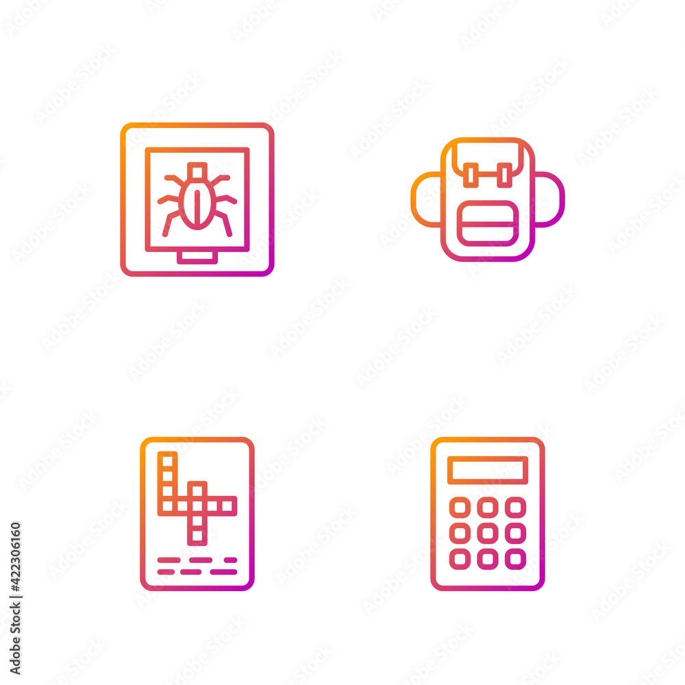 Sticker Set line Calculator, Crossword, Insects in frame and School backpack. Gradient color icons. Vector