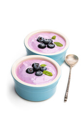 Fresh yoghurt with blueberry in ceramic bowl isolated on white