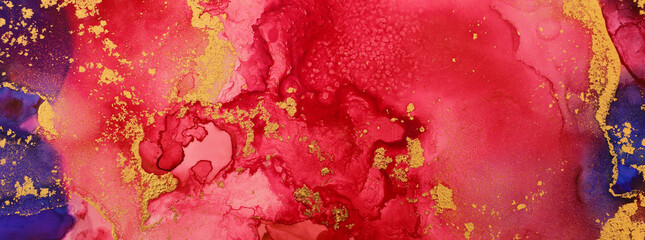 art photography of abstract fluid art painting with alcohol ink, blue, red and gold colors