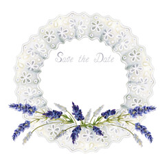 Vintage round frame made of the finest delicate Richelieu lace with a bouquet of lavender flowers in Provence style. There is a place for your text. Elegant watercolor lace pattern made by hand.