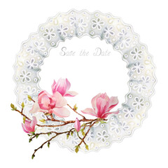 Vintage round frame made of the finest delicate Richelieu lace with a bouquet of flowers and sprigs of magnolia in the Japanese style. There is a place for text. Elegant watercolor lace pattern made.